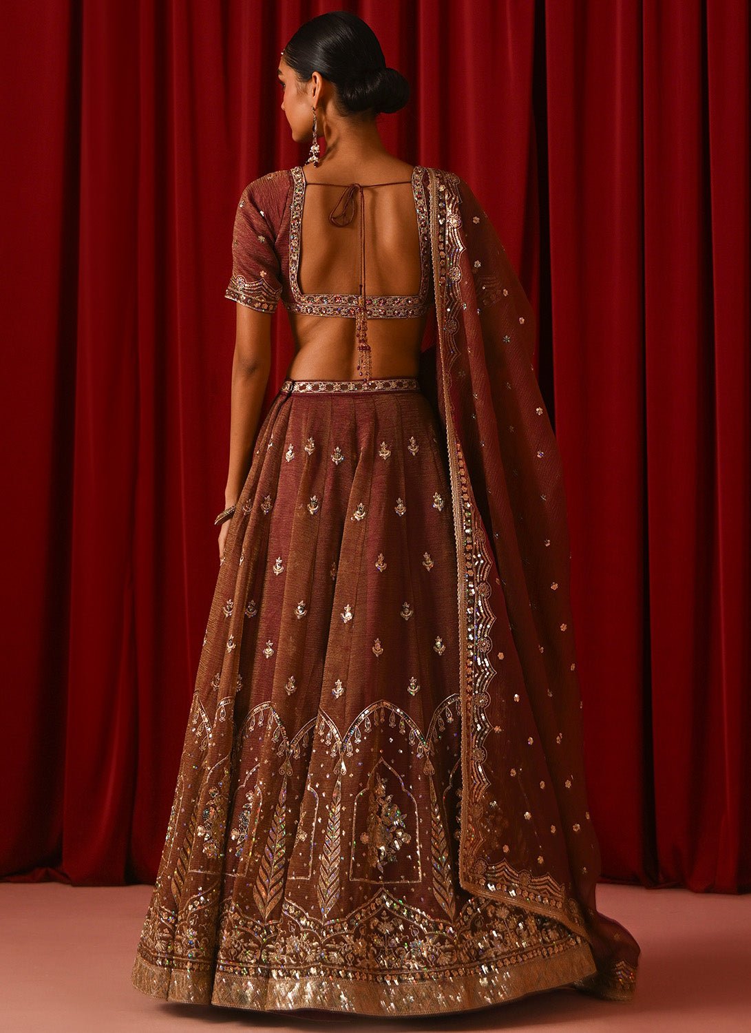 Brown Embroidered Tissue Lehenga - Lashkaraa