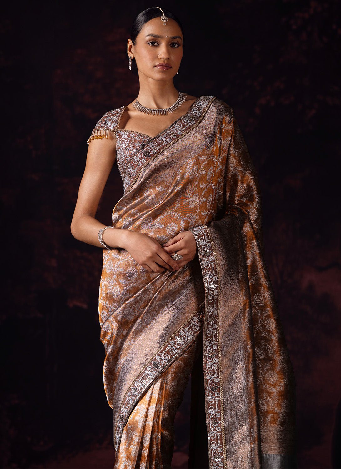 Brown Embroidered Tissue Saree - Lashkaraa