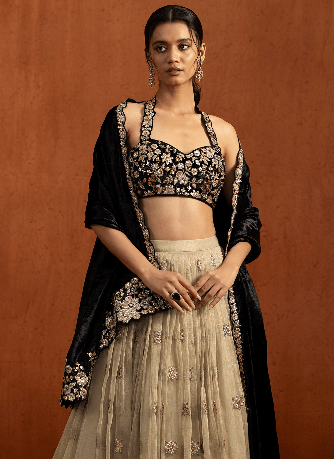 Champagne and Black Embroidered Velvet Lehenga - Lashkaraa