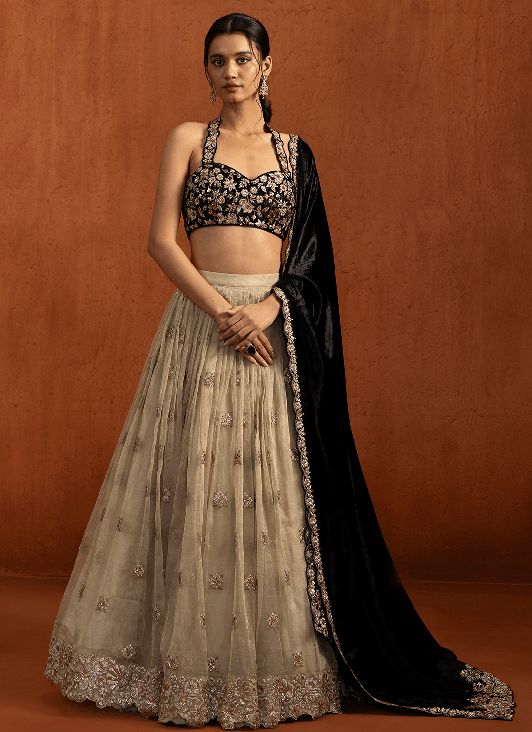 Champagne and Black Embroidered Velvet Lehenga - Lashkaraa
