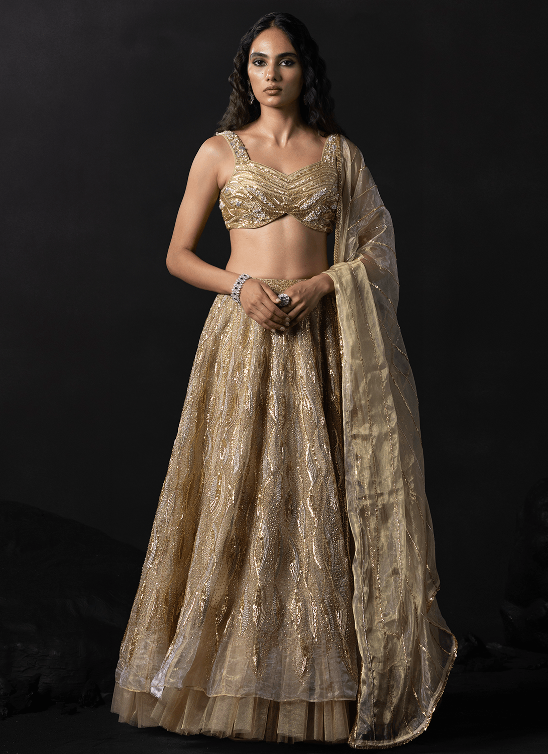 Champagne Gold Embroidered Tissue Lehenga - Lashkaraa