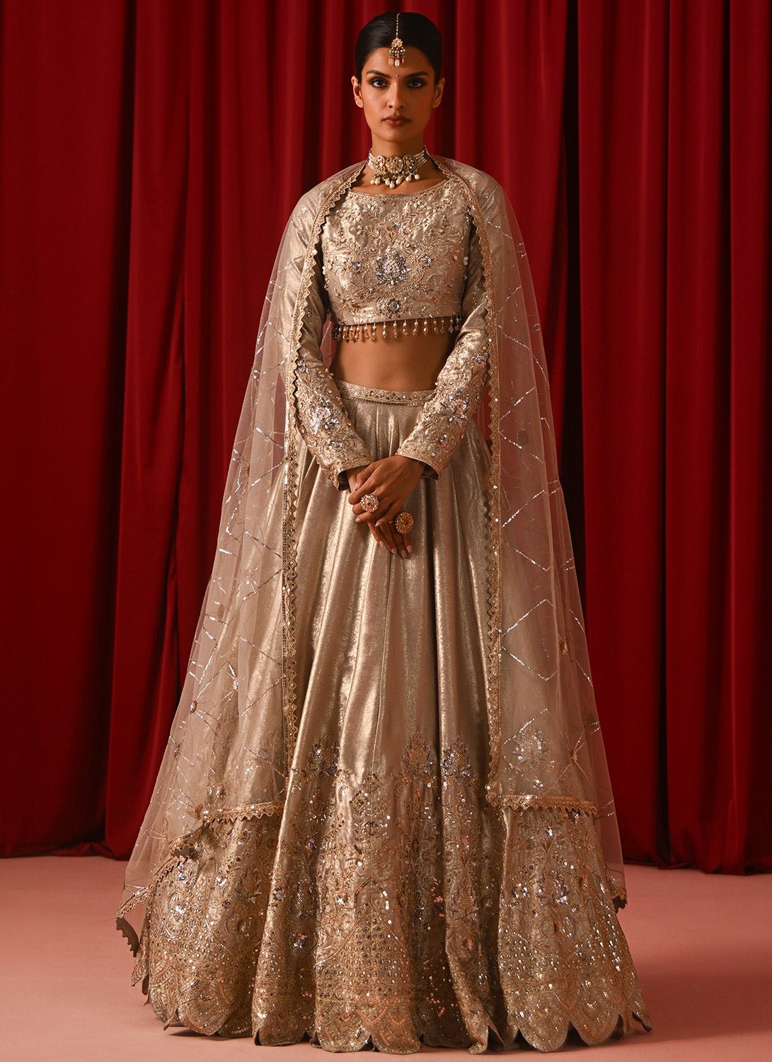 Champagne Gold Metallic Embroidered Lehenga - Lashkaraa