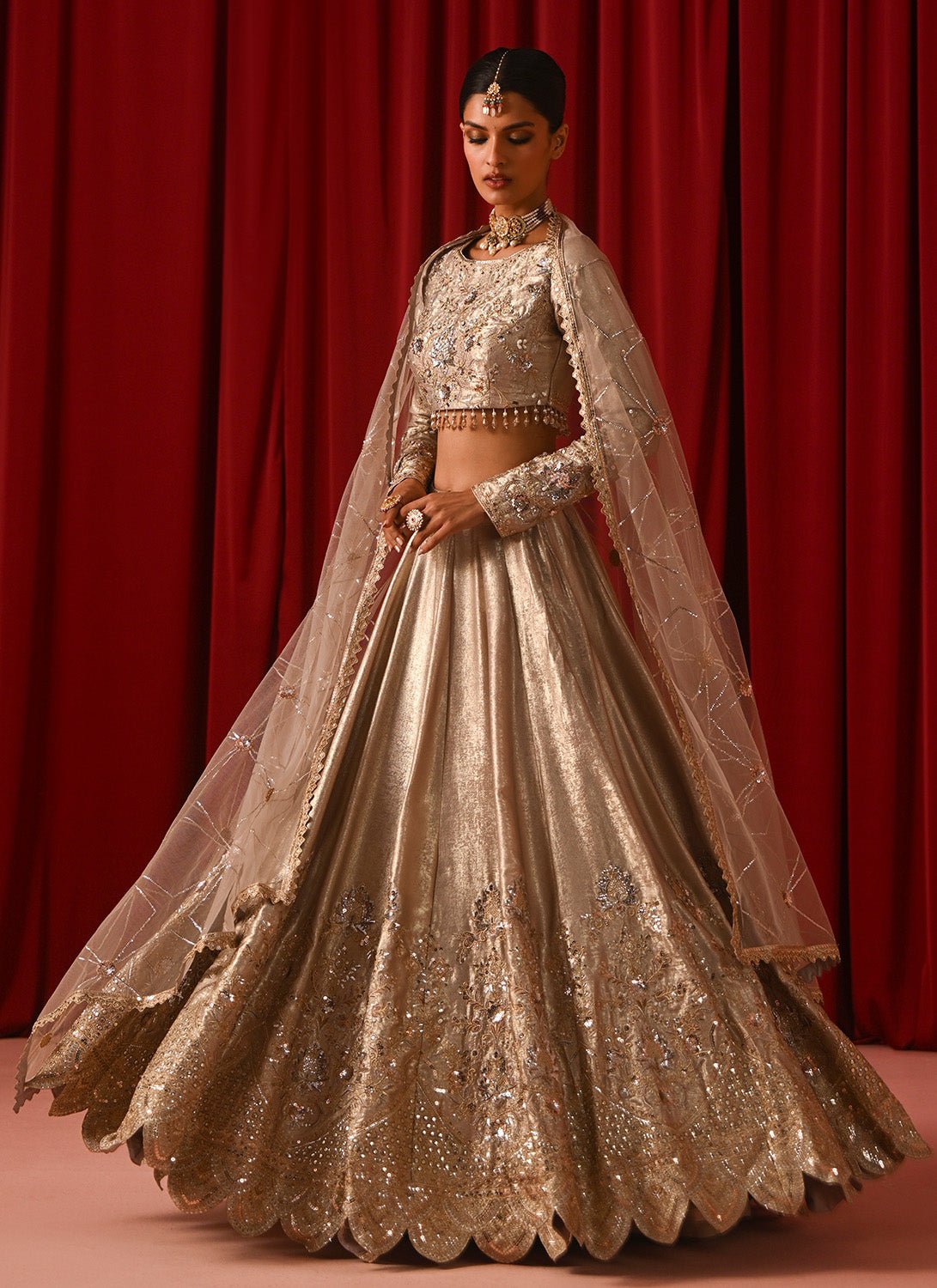 Champagne Gold Metallic Embroidered Lehenga - Lashkaraa
