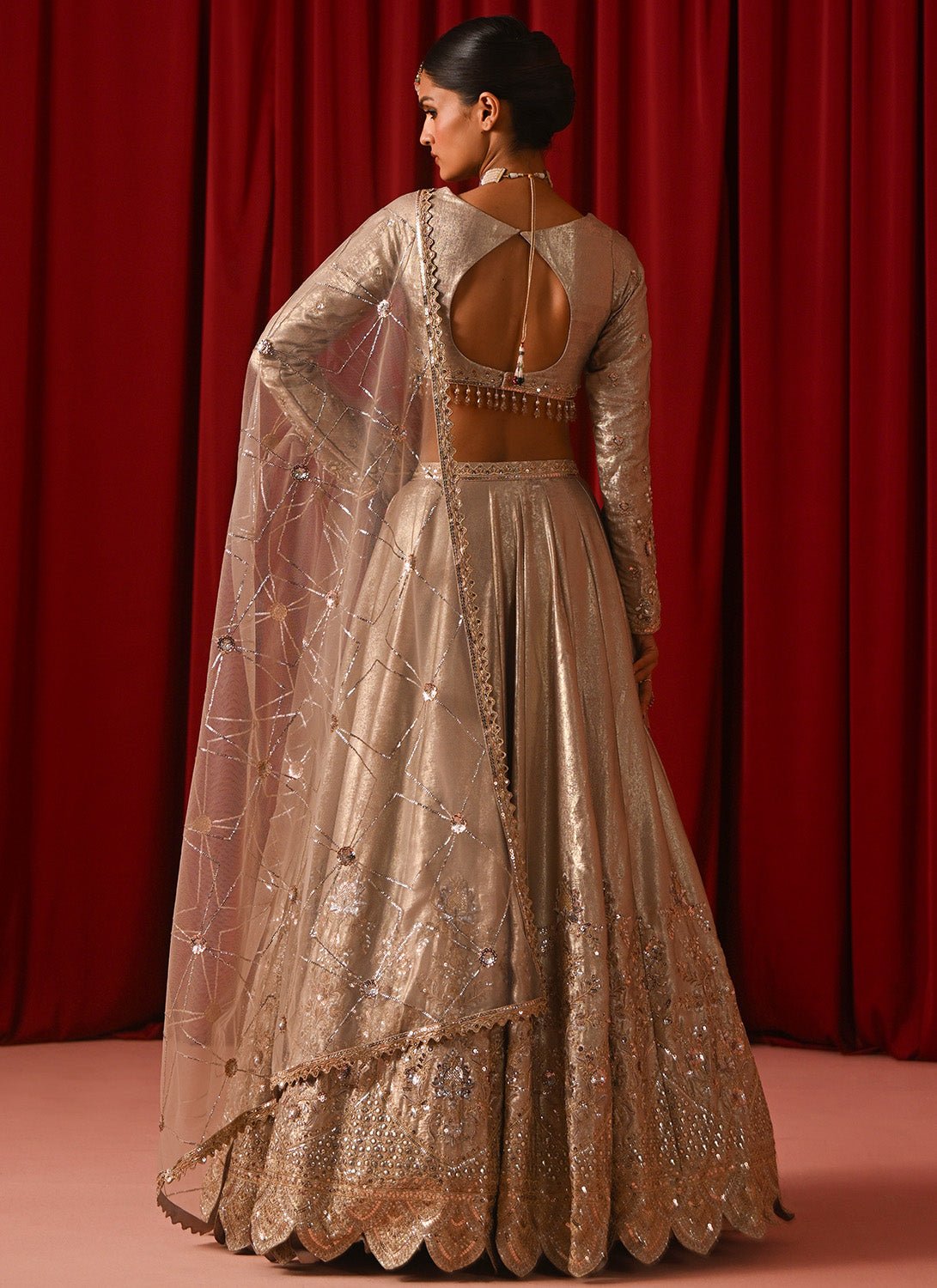 Champagne Gold Metallic Embroidered Lehenga - Lashkaraa