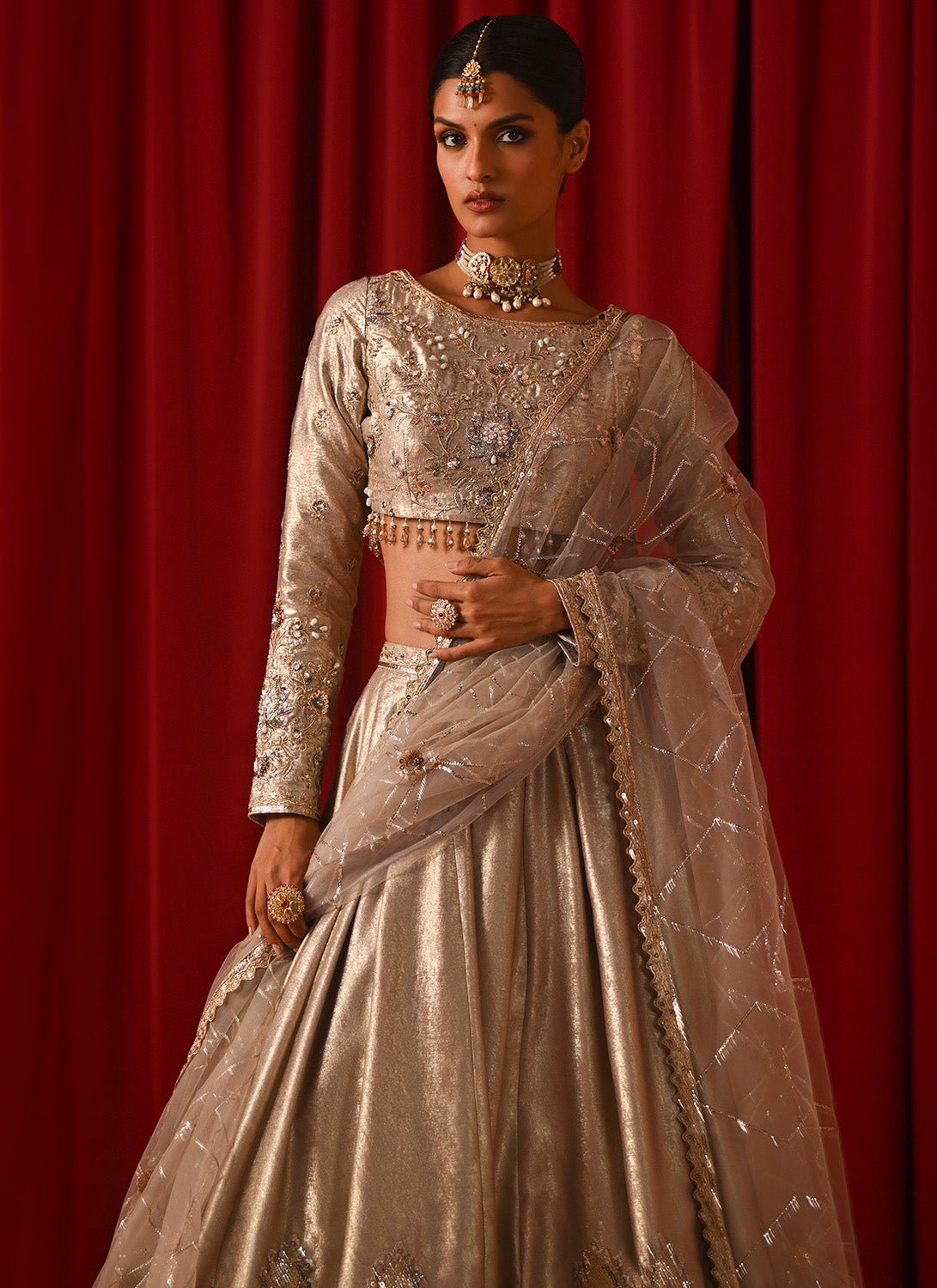 Champagne Gold Metallic Embroidered Lehenga - Lashkaraa