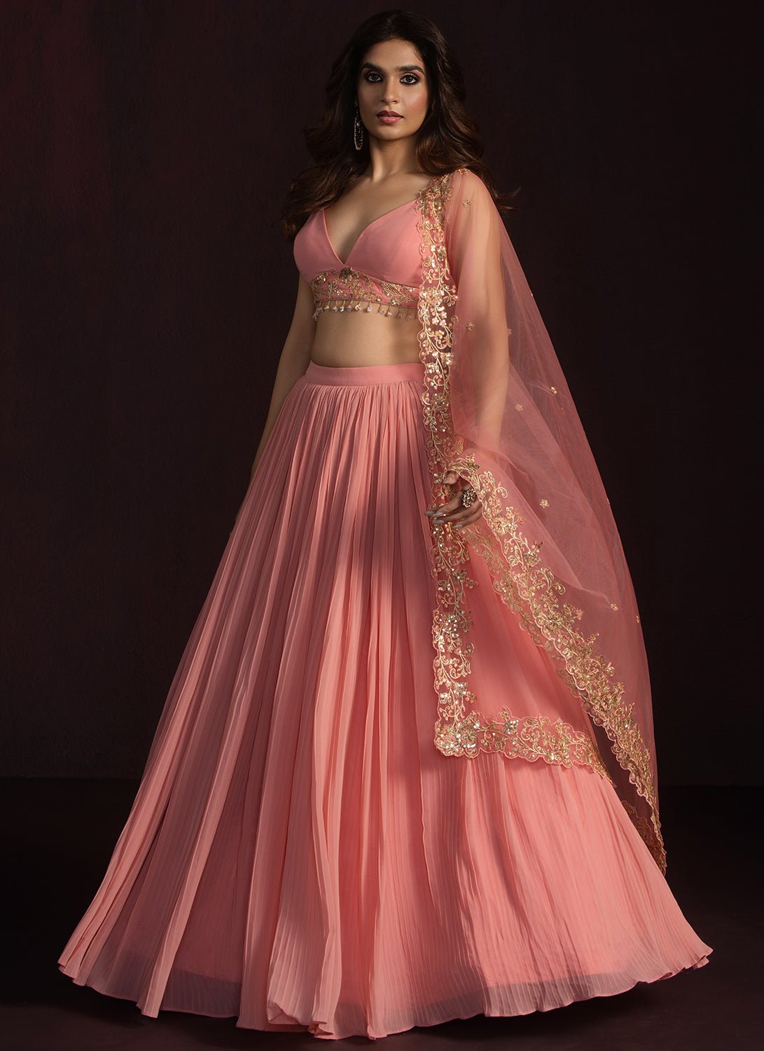 Coral Pink Embroidered Georgette Lehenga - Lashkaraa
