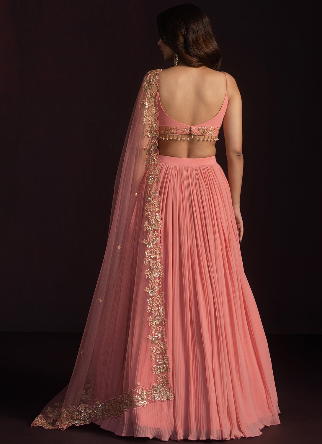 Coral Pink Embroidered Georgette Lehenga - Lashkaraa