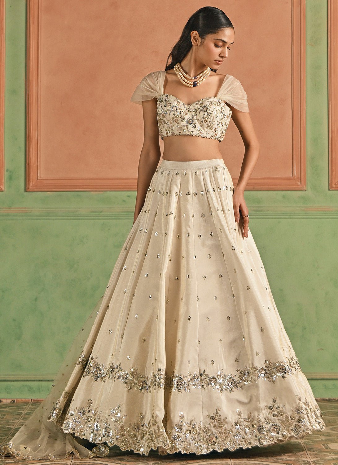 Cream Embroidered Viscose Tissue Lehenga - Lashkaraa