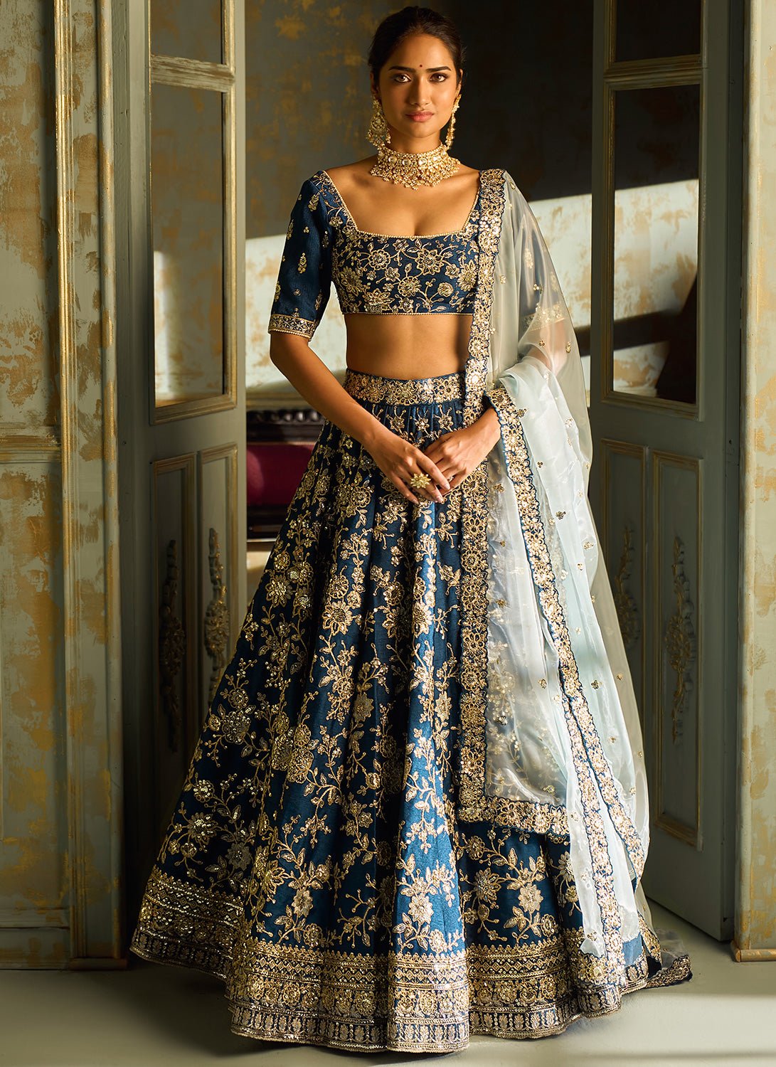 Dark Blue Embroidered Lehenga - Lashkaraa