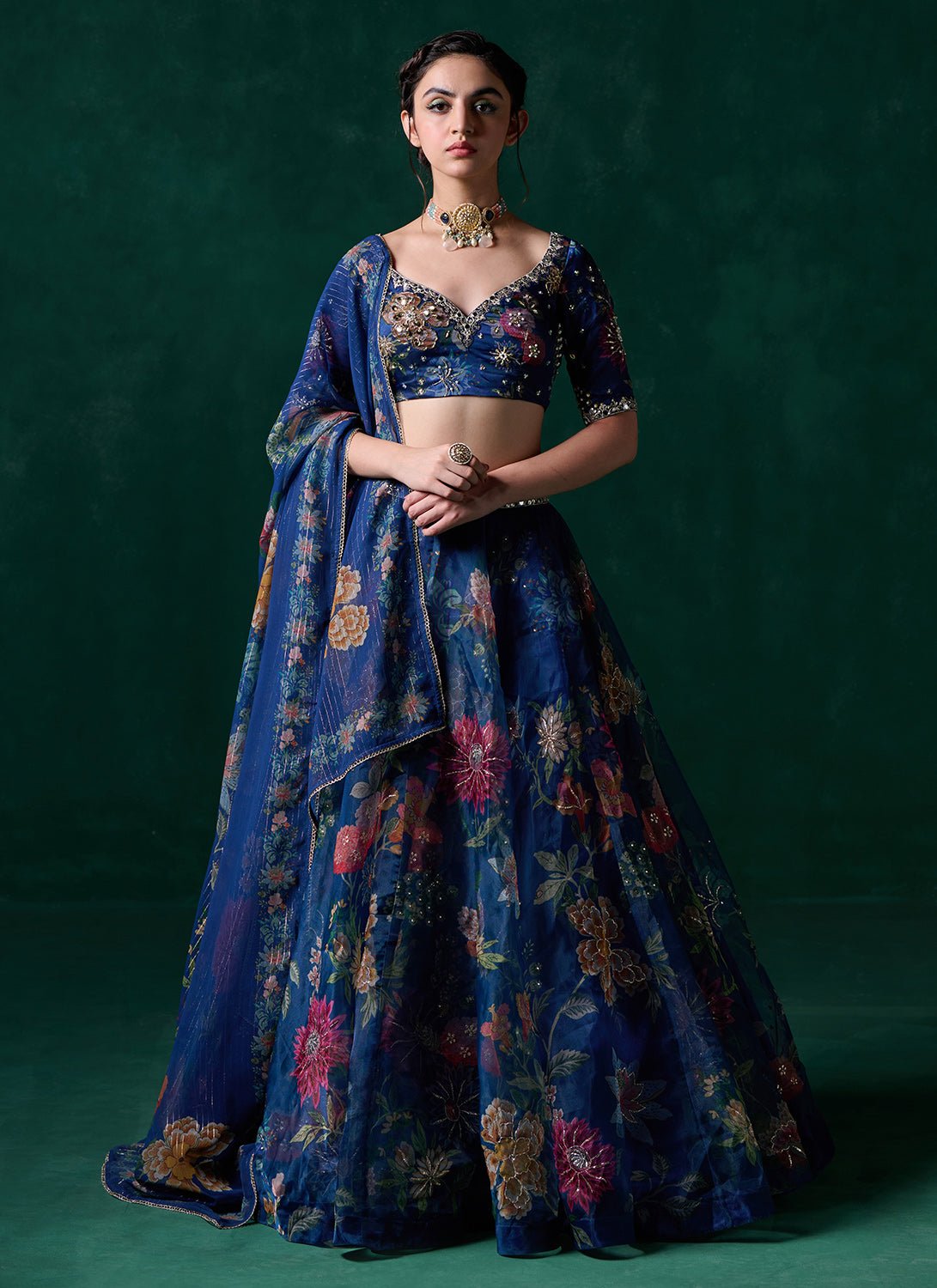 Dark Blue Multicolor Floral Printed Lehenga - Lashkaraa