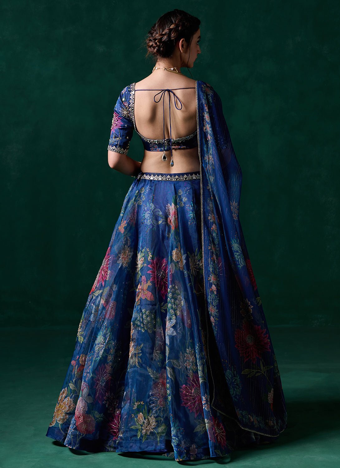 Dark Blue Multicolor Floral Printed Lehenga - Lashkaraa