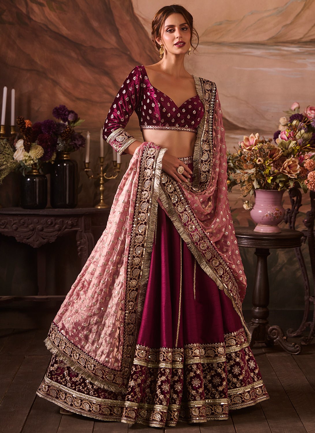Dark Burgundy Embroidered Velvet Lehenga - Lashkaraa