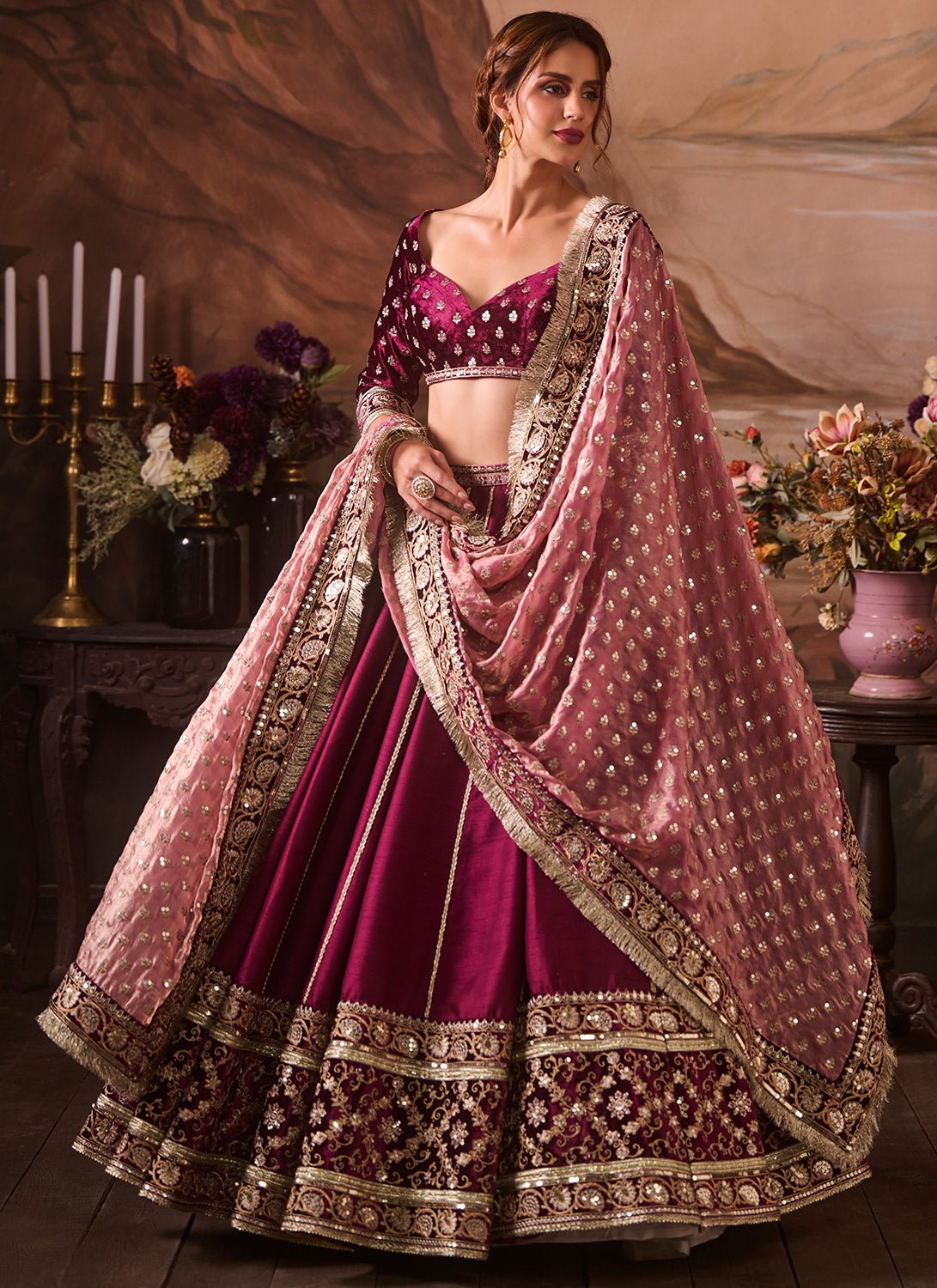Dark Burgundy Embroidered Velvet Lehenga - Lashkaraa