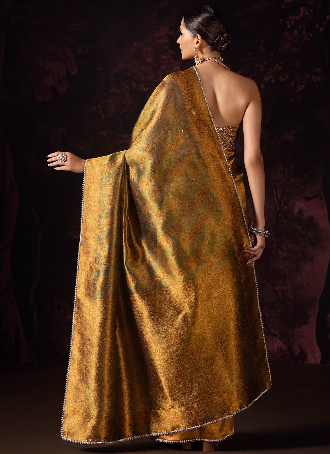 Dark Copper and Gold Embroidered Tissue Saree - Lashkaraa