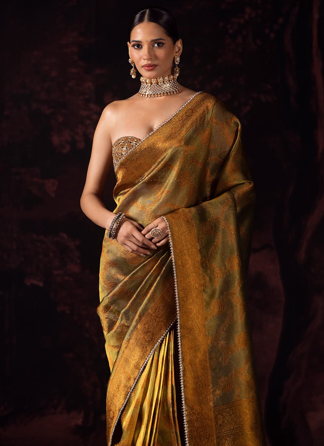 Dark Copper and Gold Embroidered Tissue Saree - Lashkaraa