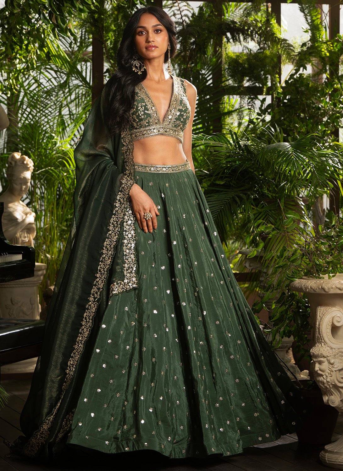 Dark Green Embroidered Crepe Silk Lehenga - Lashkaraa