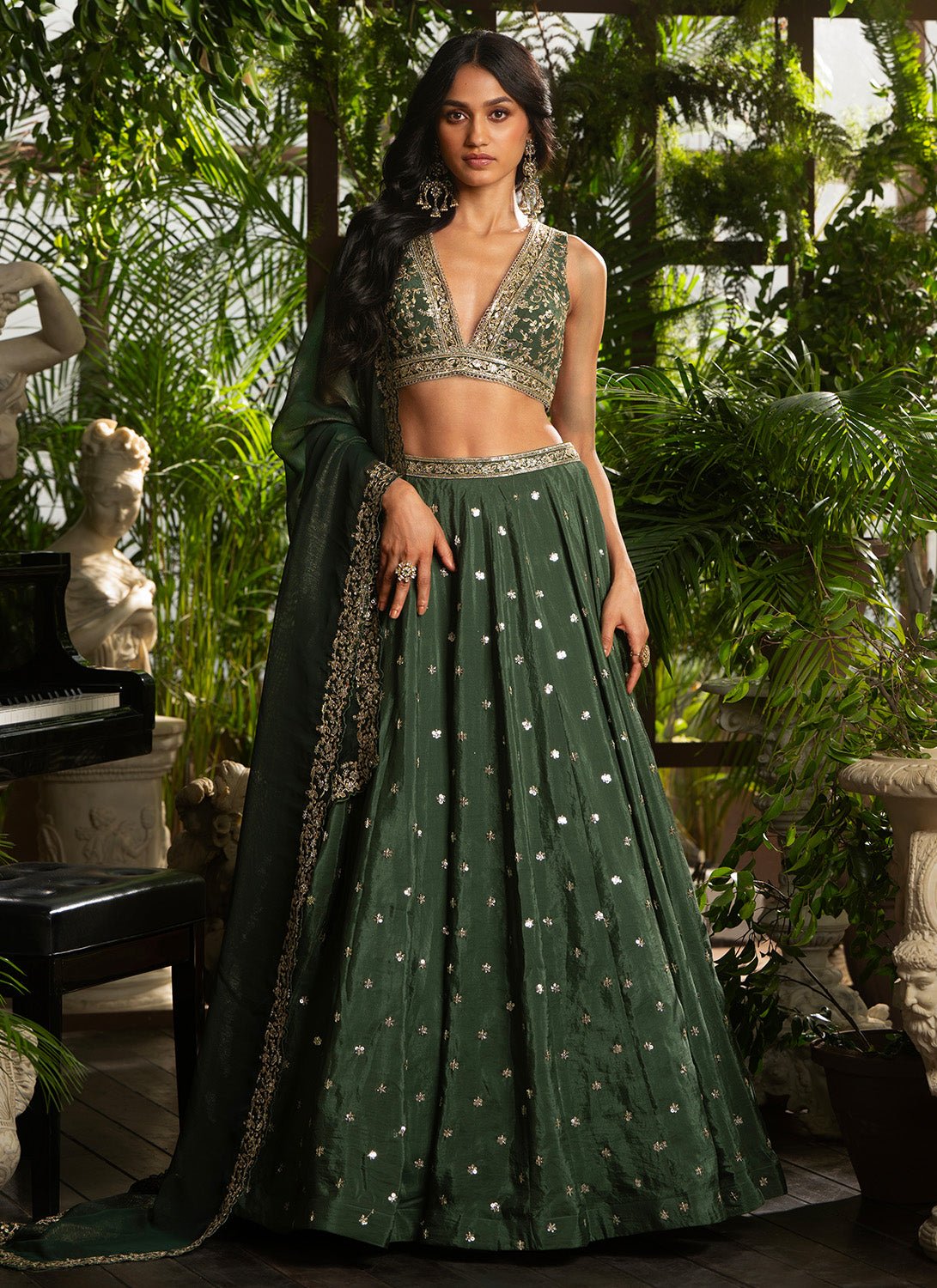 Dark Green Embroidered Crepe Silk Lehenga - Lashkaraa