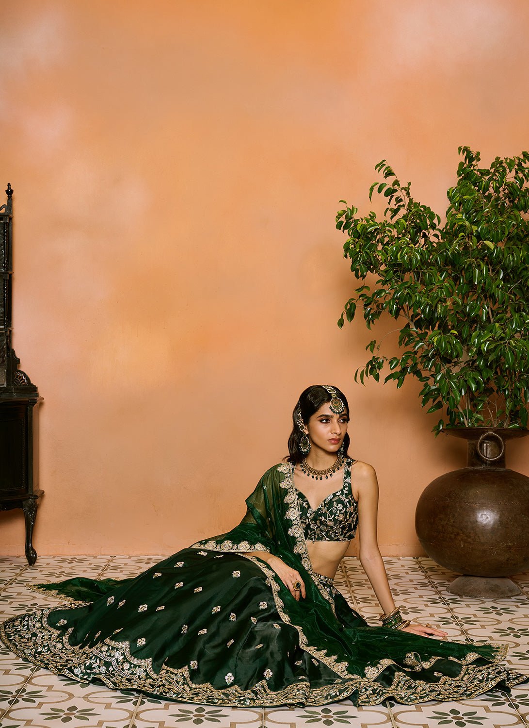 Dark Green Embroidered Lehenga - Lashkaraa