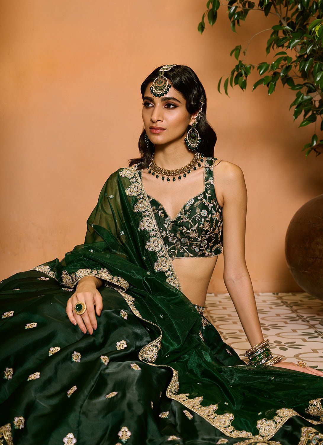Dark Green Embroidered Lehenga - Lashkaraa