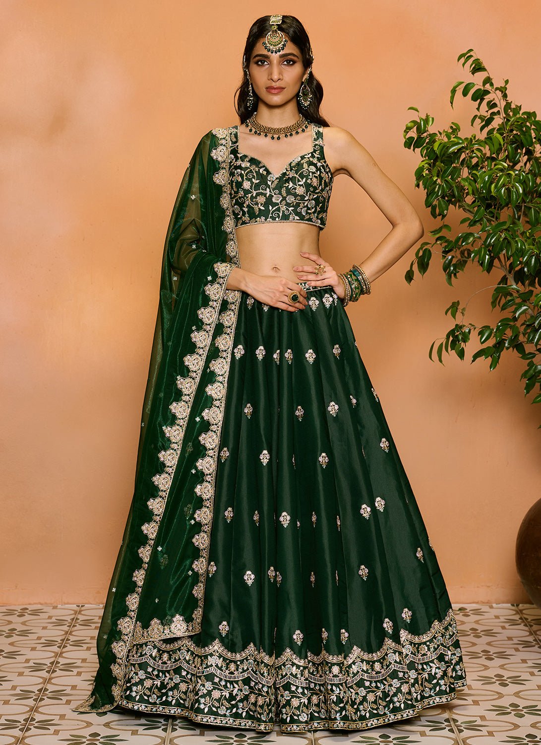 Dark Green Embroidered Lehenga - Lashkaraa