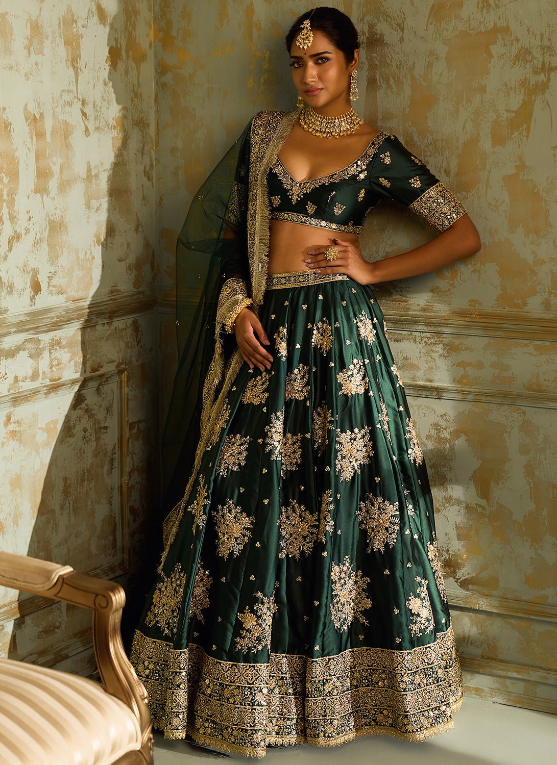 Dark Green Embroidered Lehenga - Lashkaraa
