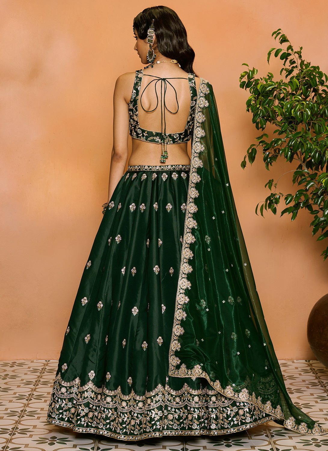 green emerald velvet dress Dark Green Embroidered Lehenga