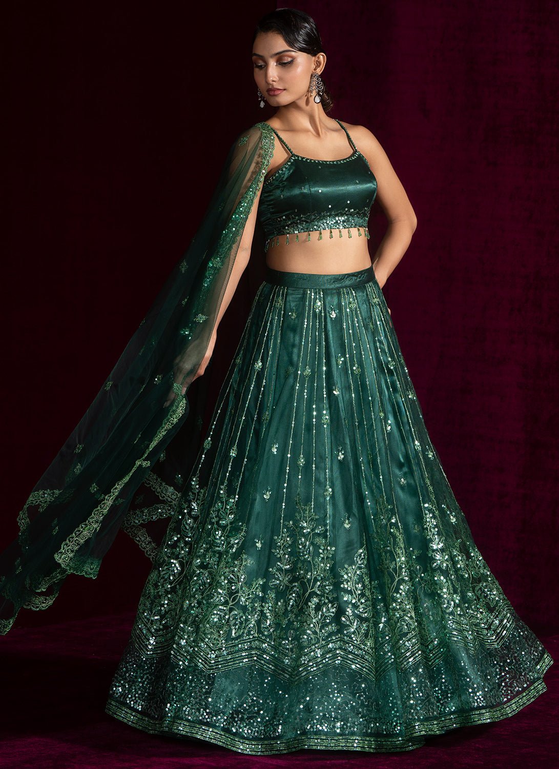 Dark Green Embroidered Net Lehenga - Lashkaraa