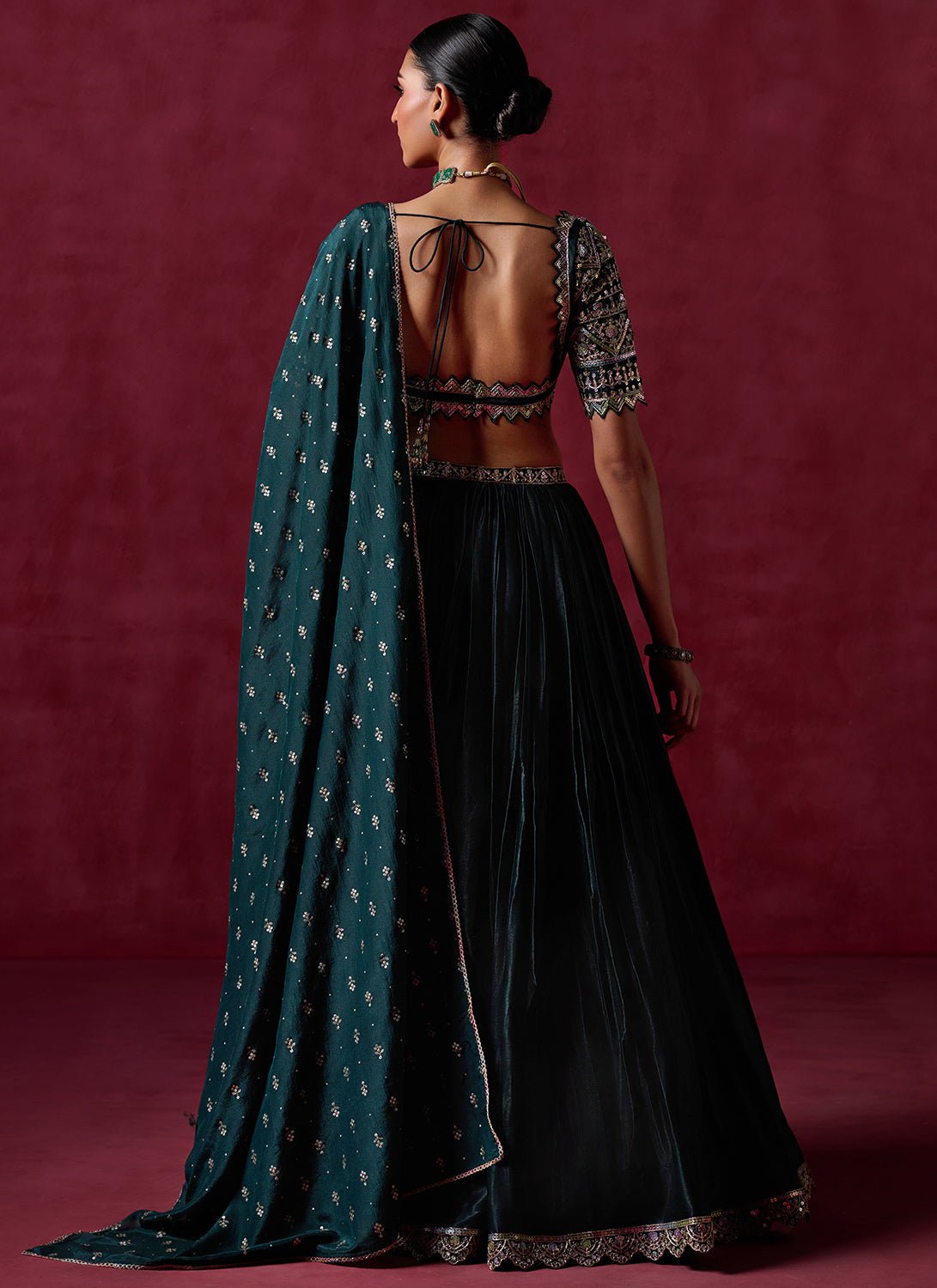 Dark Green Embroidered Satin Lehenga - Lashkaraa