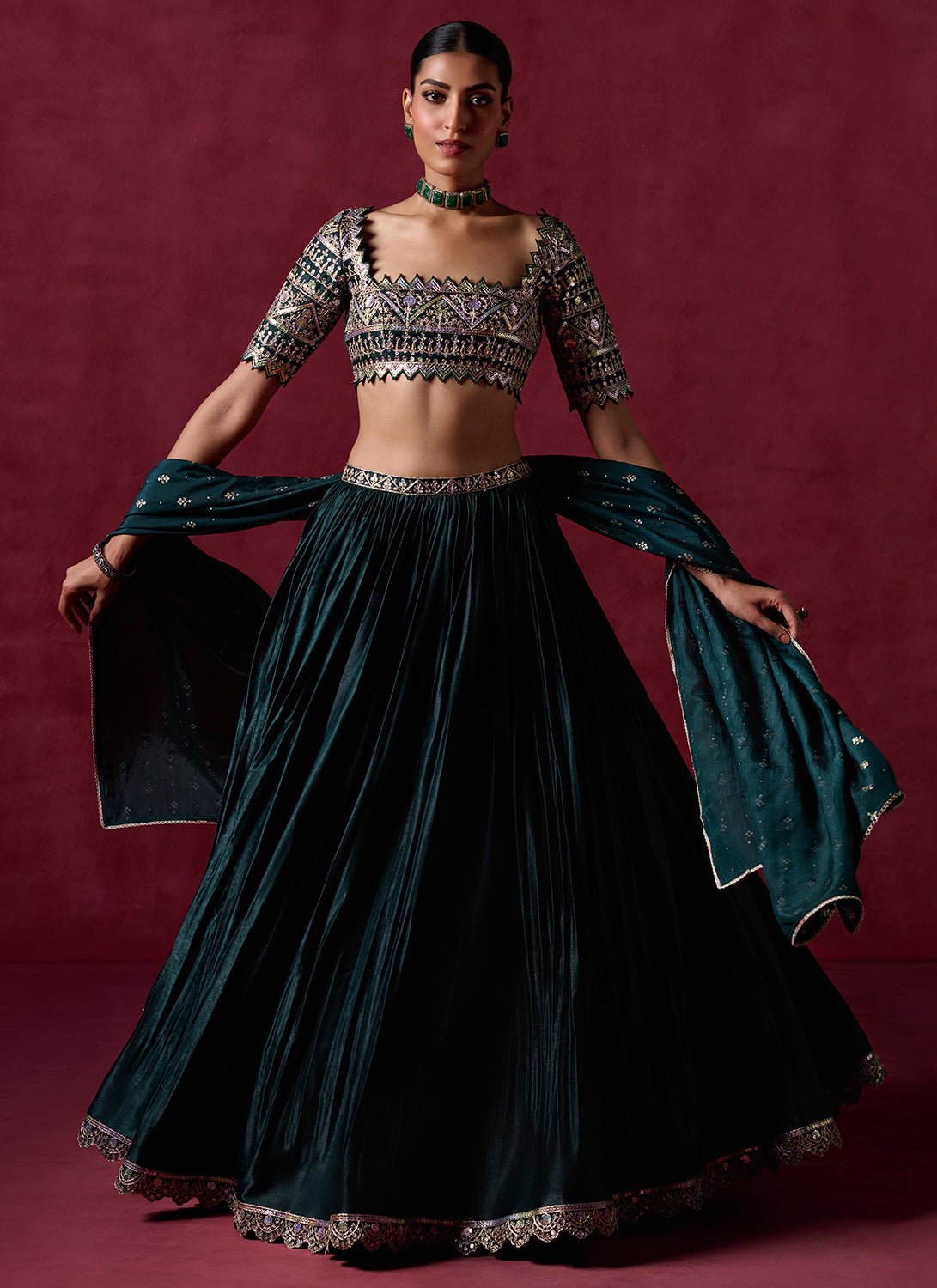Dark Green Embroidered Satin Lehenga - Lashkaraa