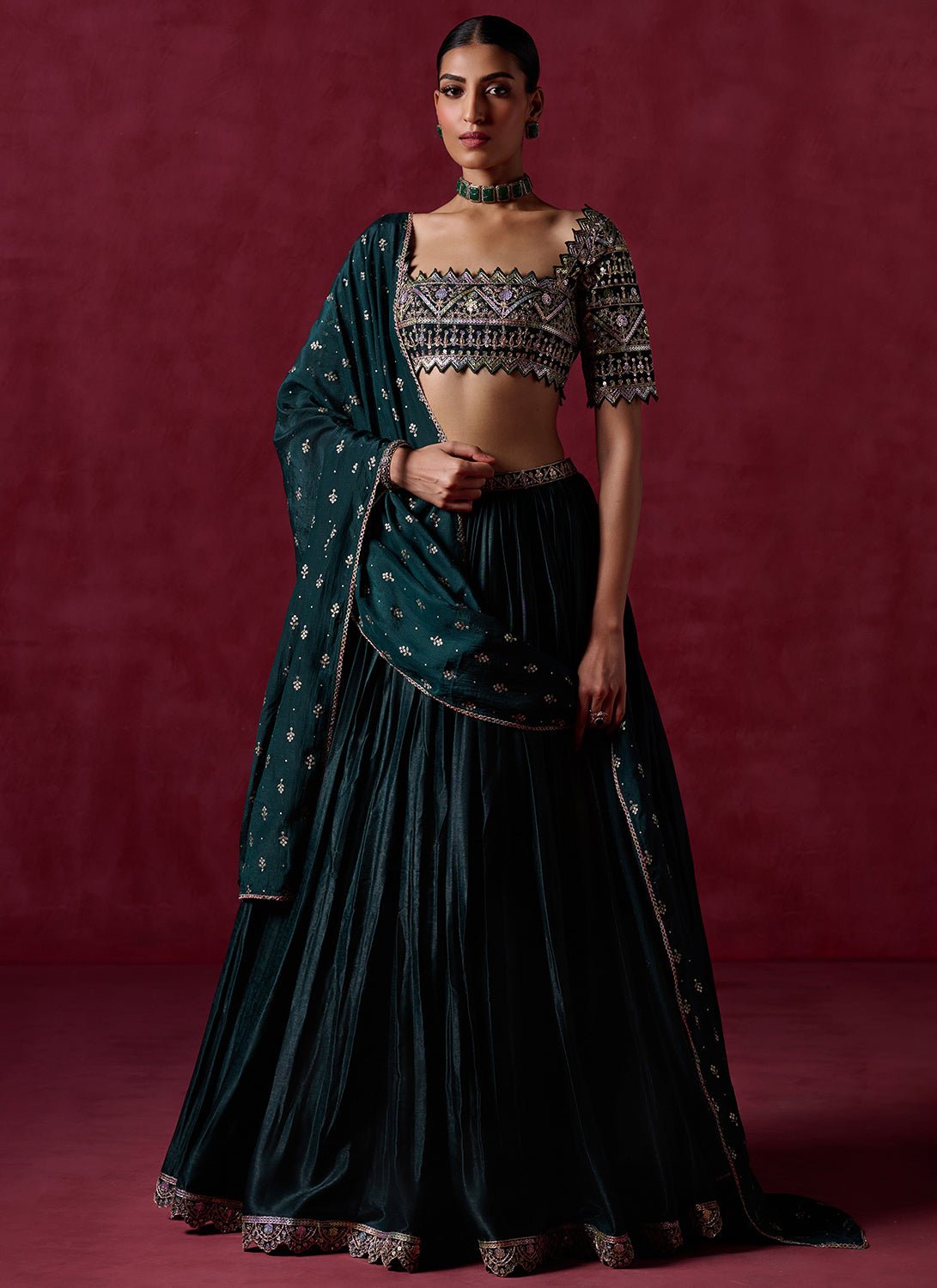 Dark Green Embroidered Satin Lehenga - Lashkaraa