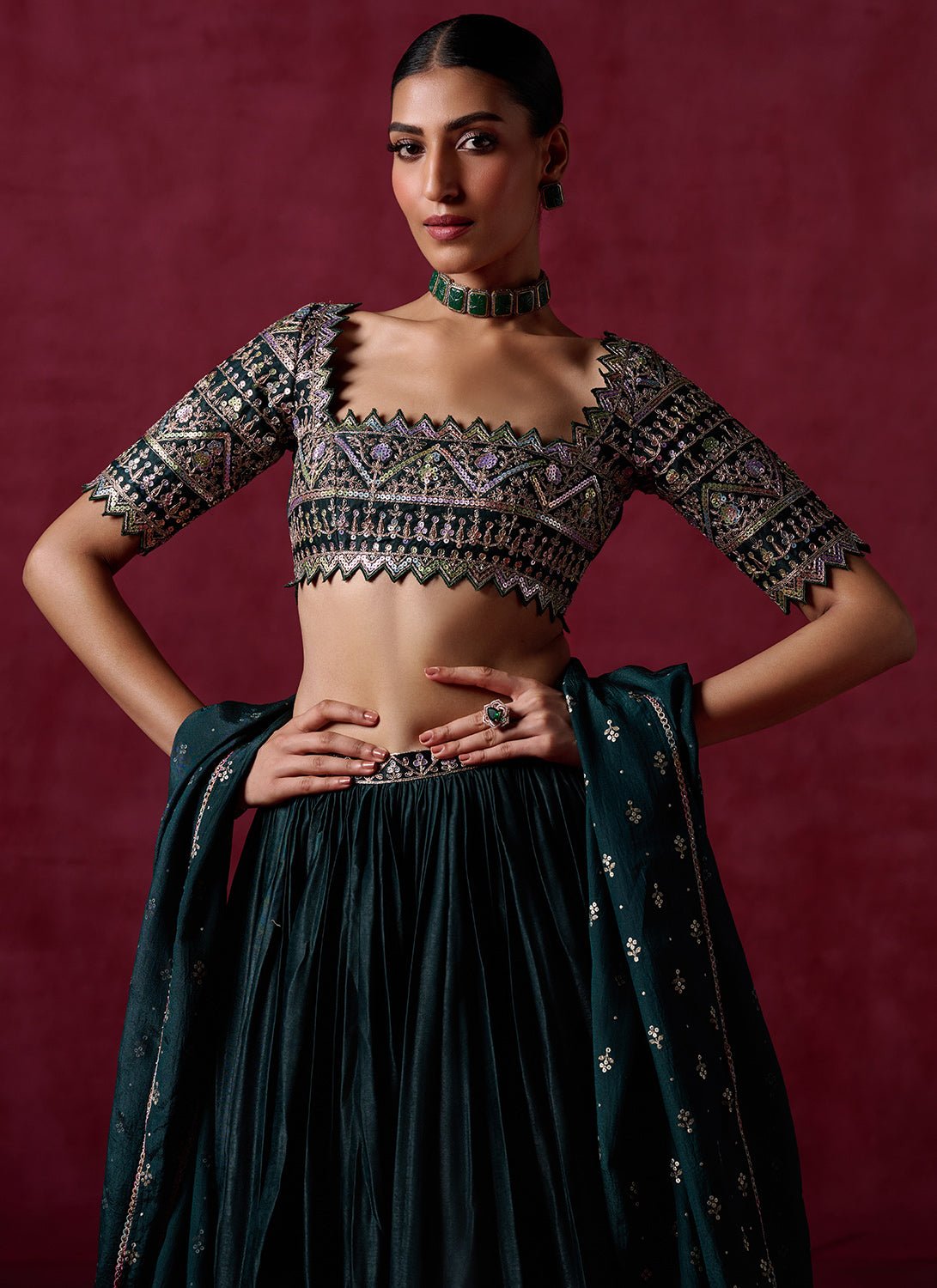 Dark Green Embroidered Satin Lehenga - Lashkaraa