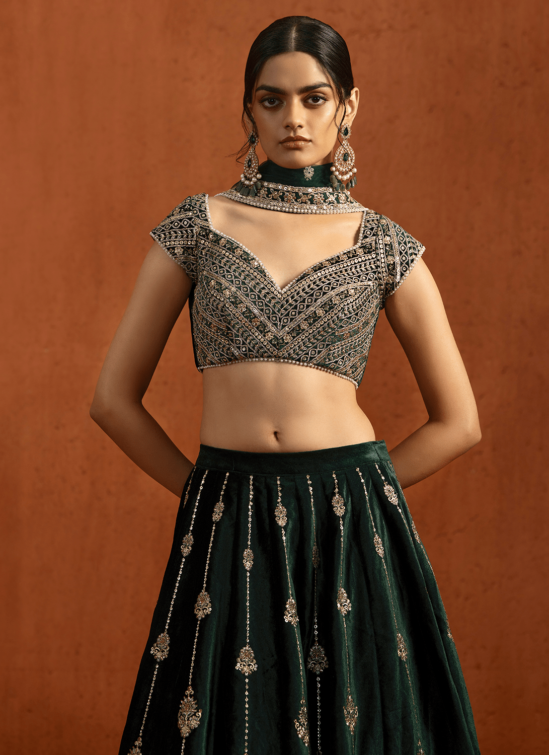 Dark Green Embroidered Velvet Lehenga - Lashkaraa