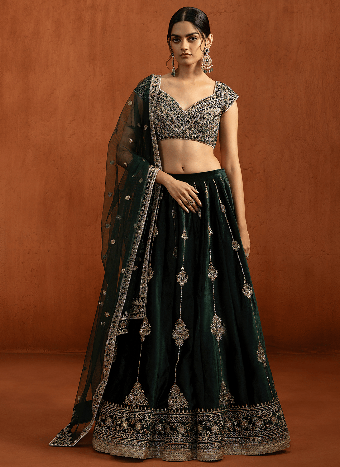 Dark Green Embroidered Velvet Lehenga - Lashkaraa
