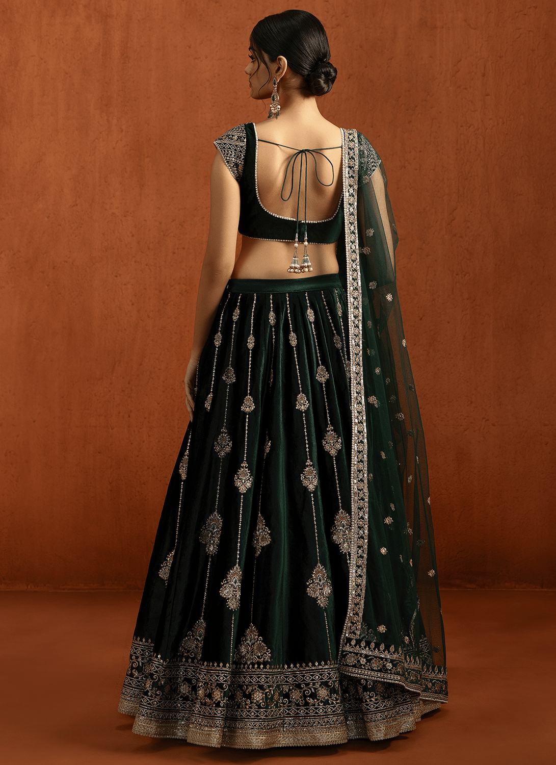 Dark Green Embroidered Velvet Lehenga - Lashkaraa