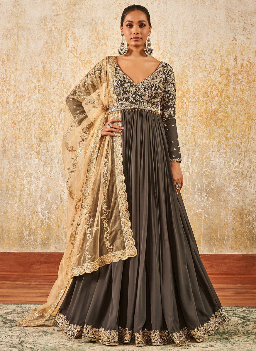 grey anarkali dress Talking Threads Grey Paisley Embroidered Modal Anarkali Suit with Dupatta