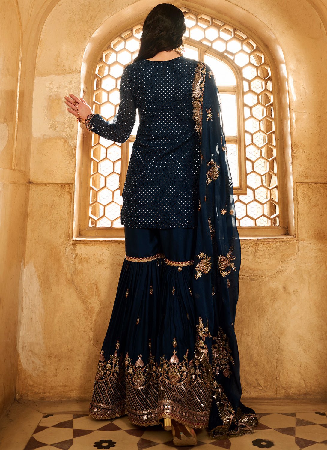 Dark Teal Embroidered Satin Gharara - Lashkaraa