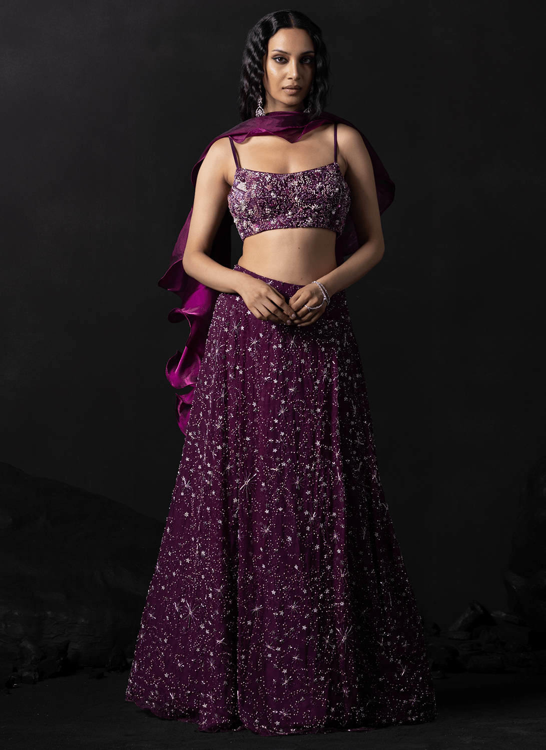 Deep Magenta Embroidered Organza Lehenga - Lashkaraa