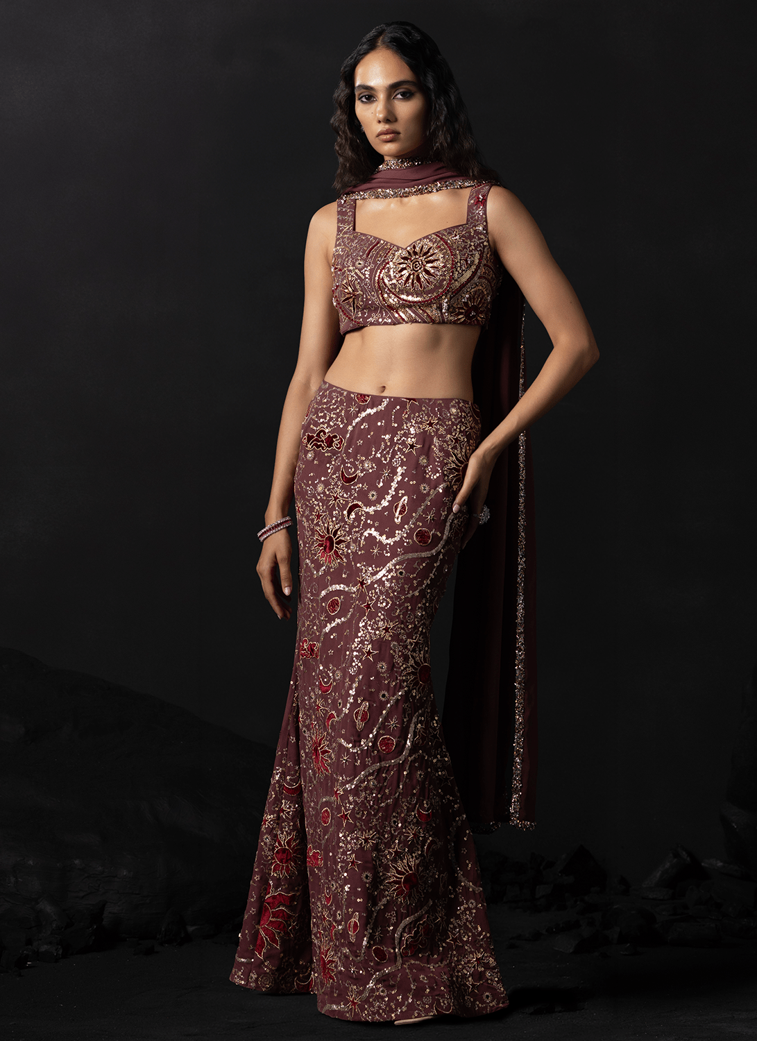 Deep Mauve Embroidered Georgette Lehenga - Lashkaraa