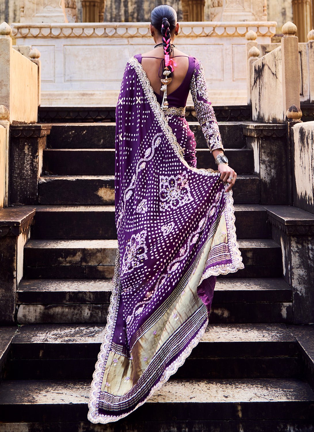 Deep Purple Embroidered Pure Bandhani Saree - Lashkaraa