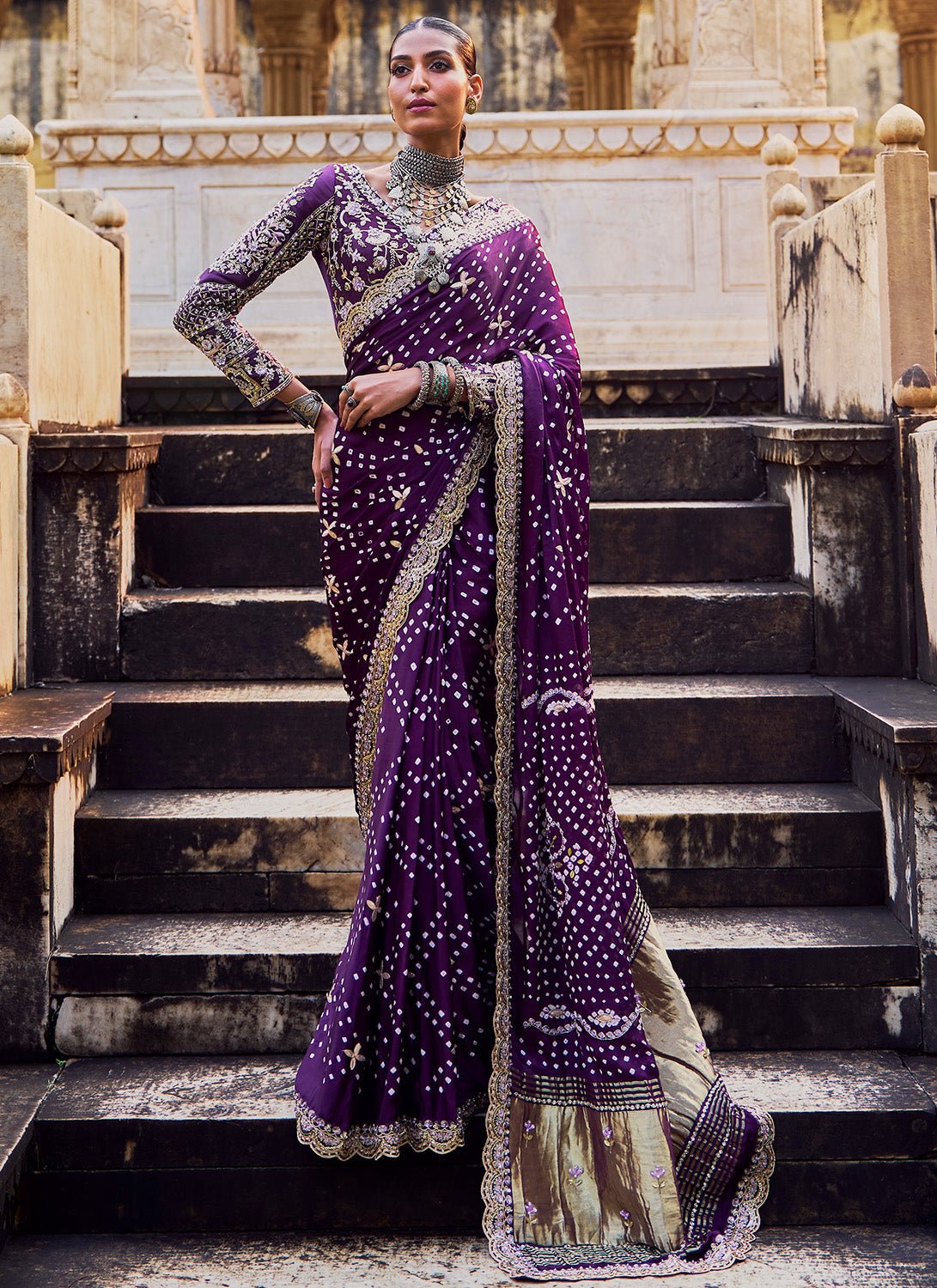 Deep Purple Embroidered Pure Bandhani Saree - Lashkaraa