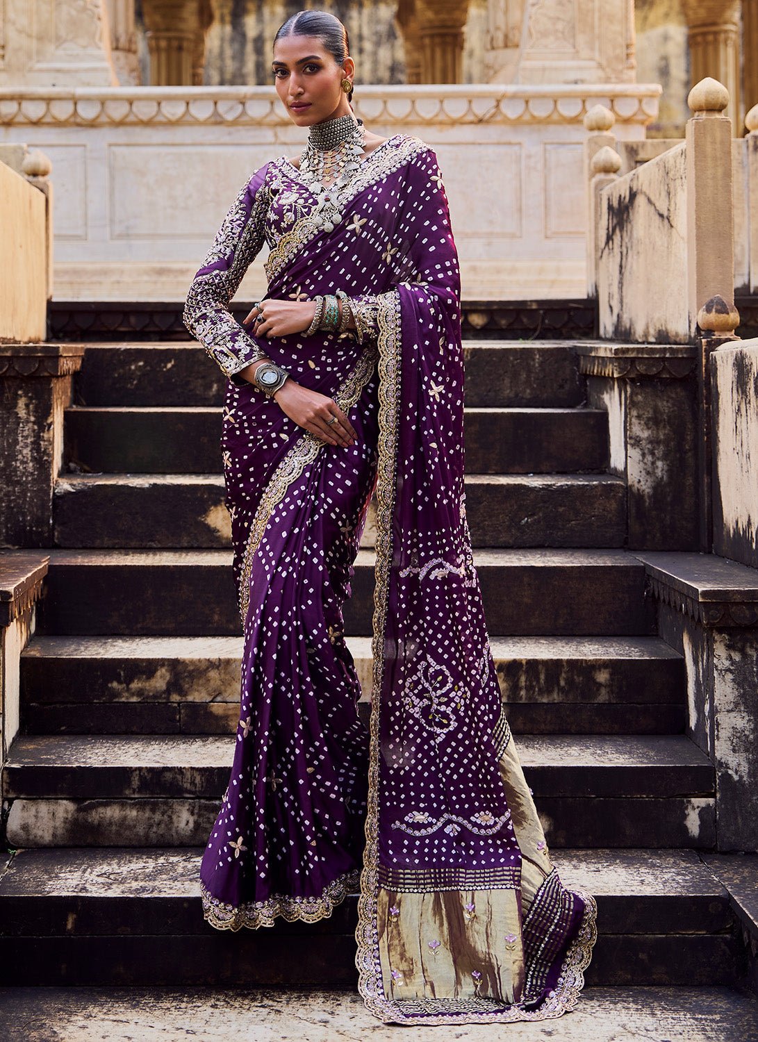 Deep Purple Embroidered Pure Bandhani Saree - Lashkaraa