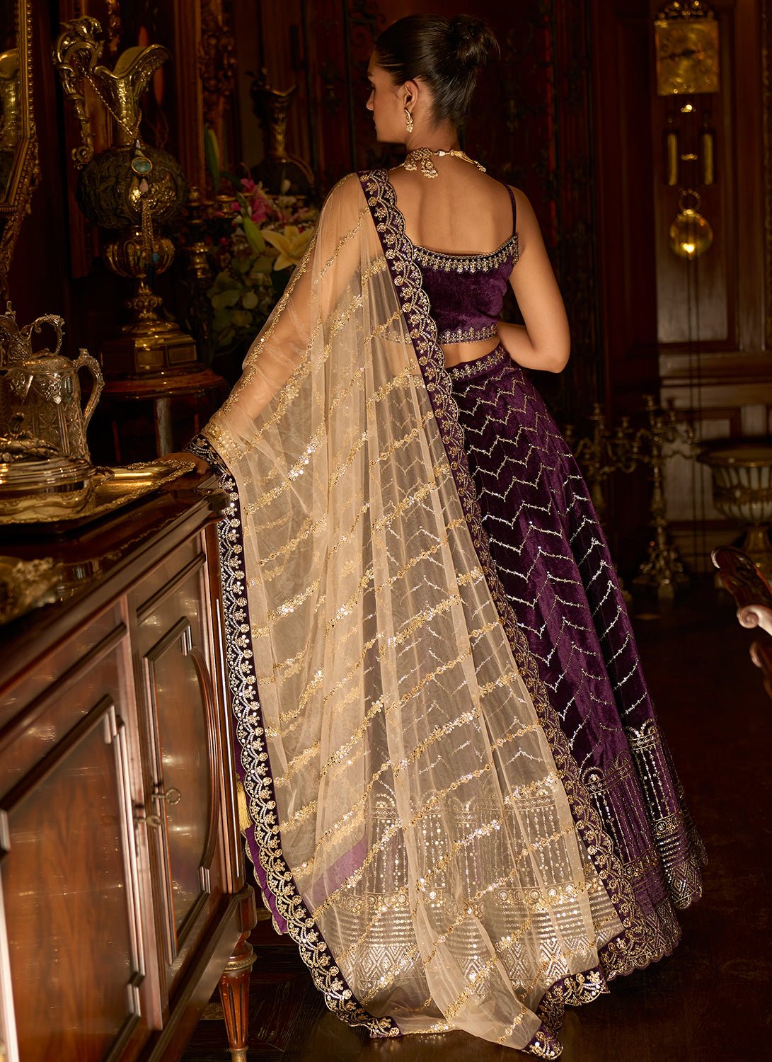 Deep Purple Embroidered Velvet Lehenga - Lashkaraa