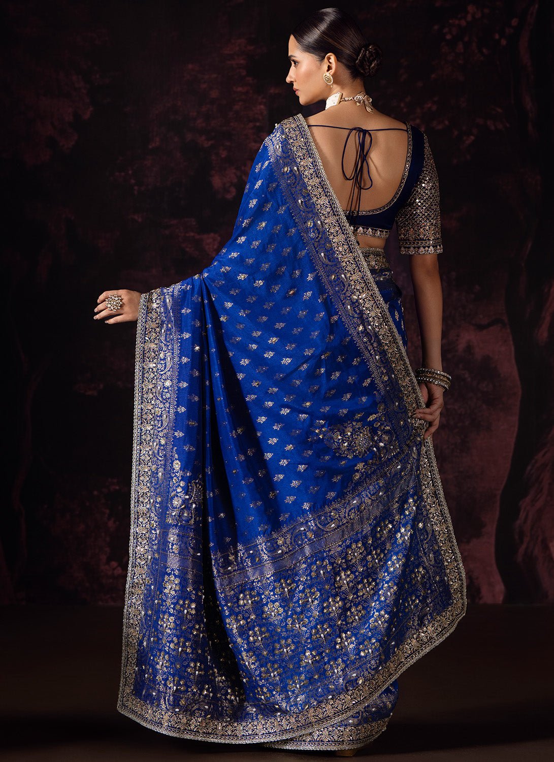 Deep Royal Blue Embroidered Silk Saree - Lashkaraa