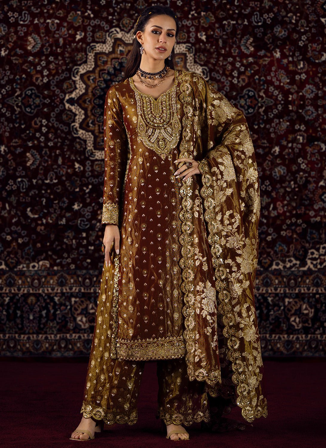 Deep Rust Embroidered Tissue Straight Suit - Lashkaraa