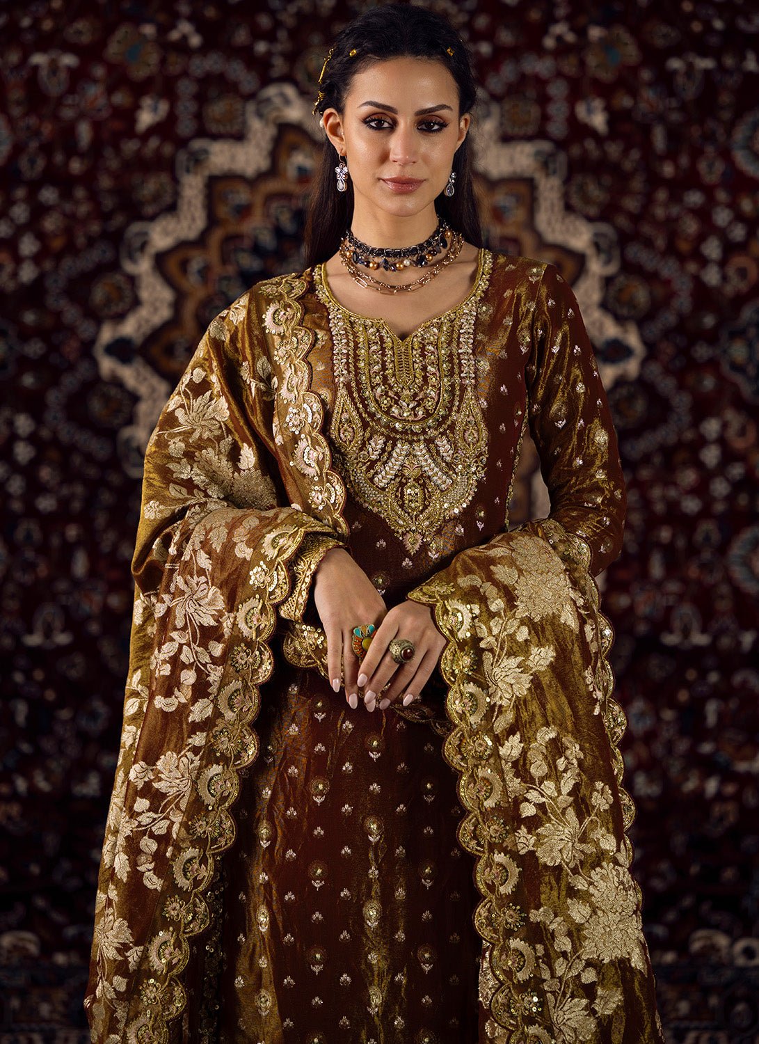 Deep Rust Embroidered Tissue Straight Suit Deep Rust Embroidered Tissue Straight Suit