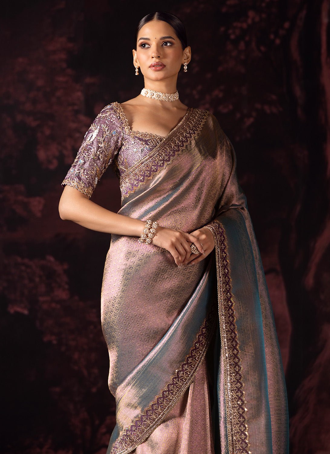 Dusky Purple Embroidered Tissue Saree - Lashkaraa