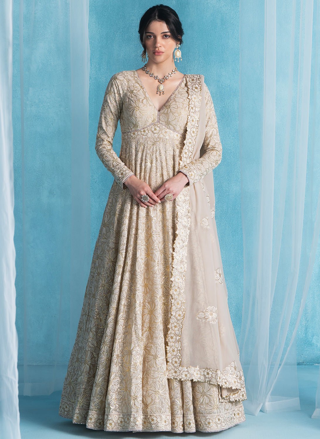 Dusty Beige Embroidered Lucknowi Anarkali - Lashkaraa