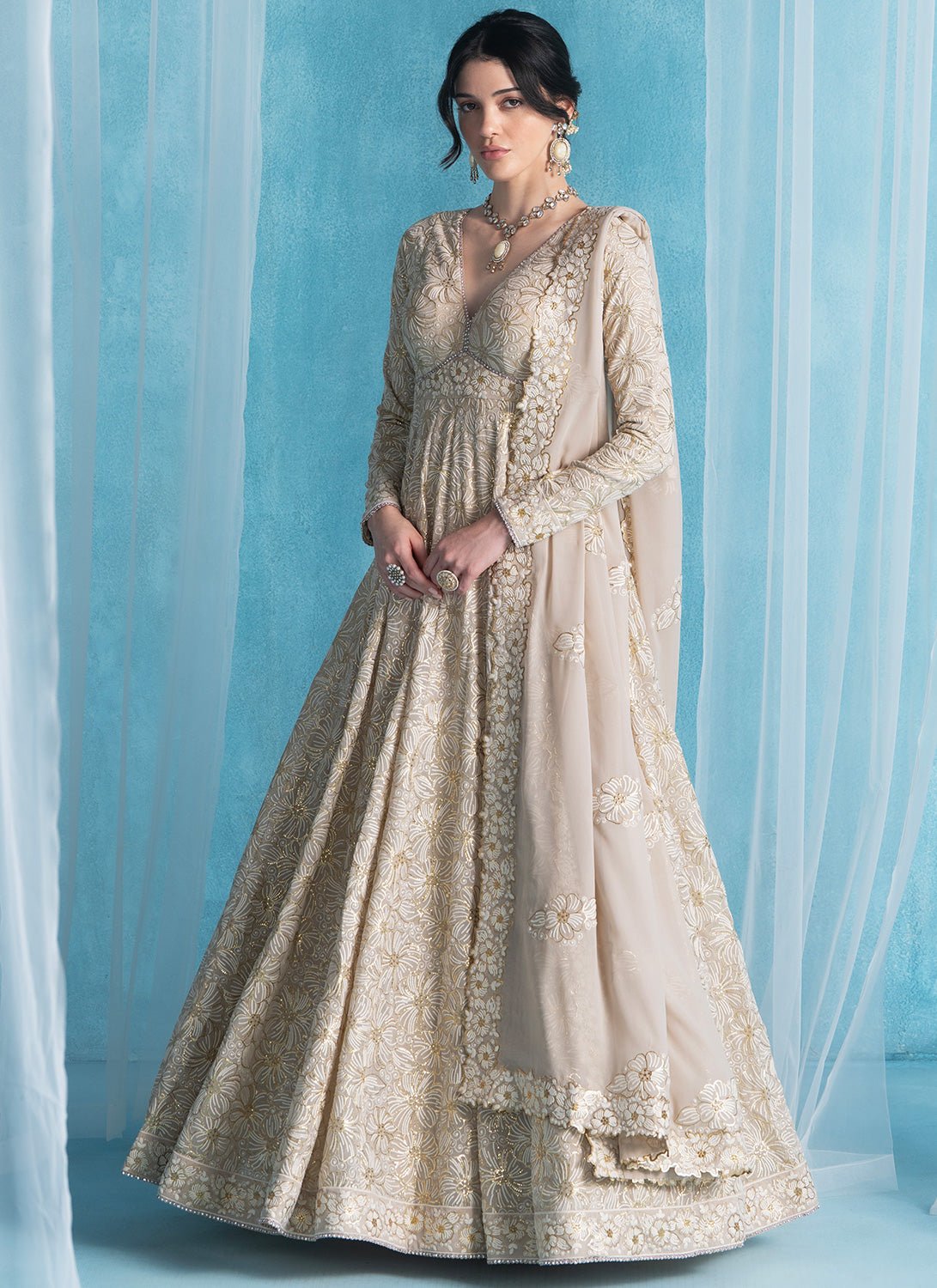 Dusty Beige Embroidered Lucknowi Anarkali - Lashkaraa