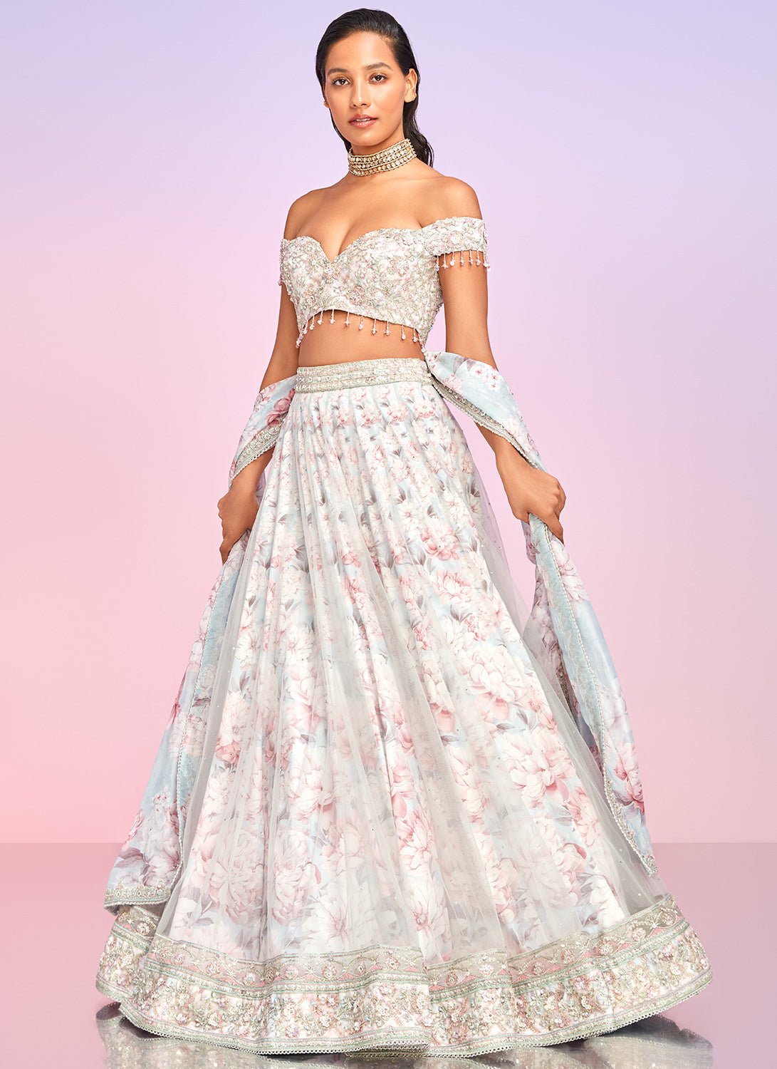 Dusty Blue and Pink Floral Embellished Lehenga - Lashkaraa