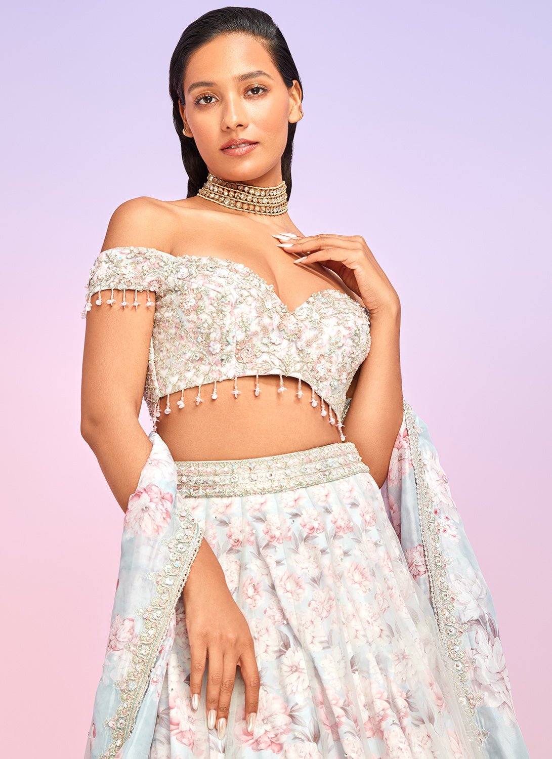 Dusty Blue and Pink Floral Embellished Lehenga - Lashkaraa